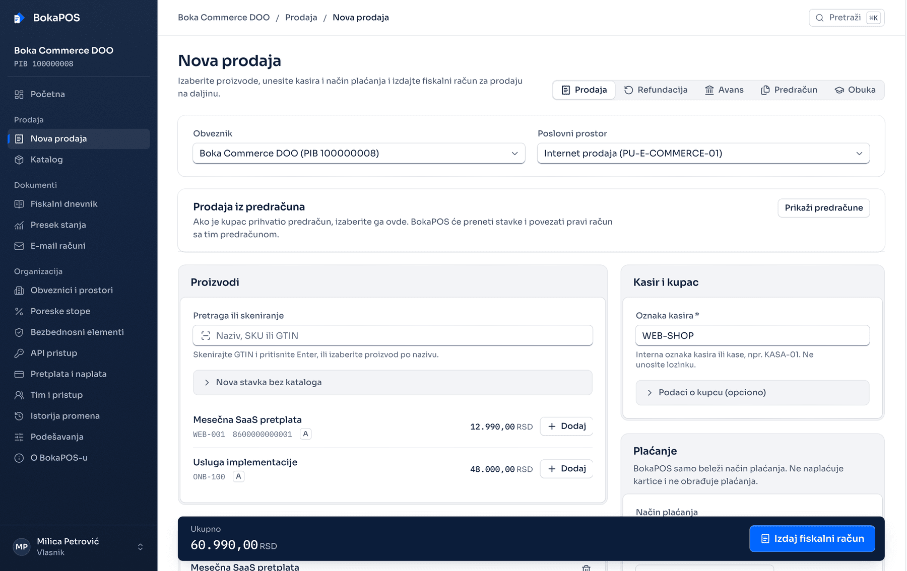 Nova prodaja u cloud POS-u
